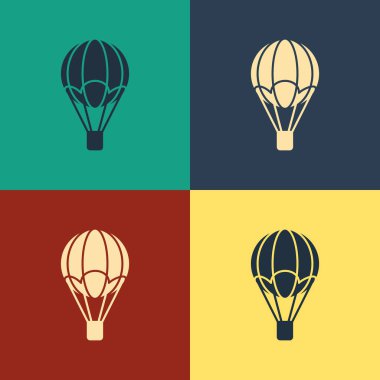 Renk arka planda yalıtılmış Renk Sıcak hava balonu simgesi. Seyahat için hava taşımacılığı. Vintage tarzı çizim. Vektör İllüstrasyonu