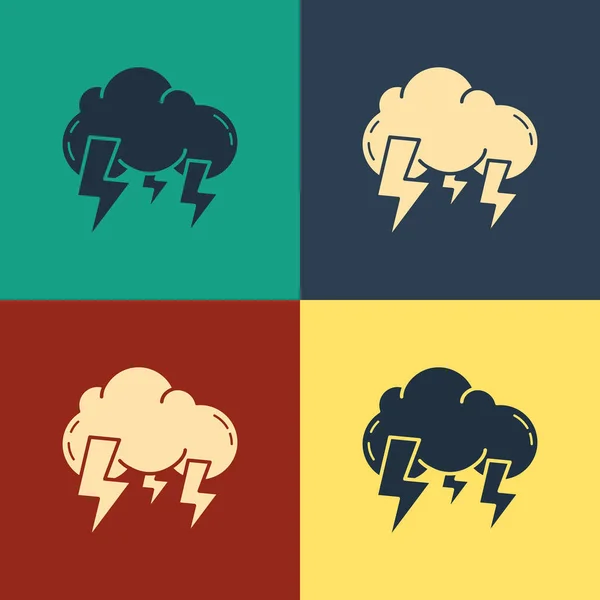 Farbsturmsymbol isoliert auf farbigem Hintergrund. Wolke und Blitz. Wetter-Ikone Sturm. Vintage-Stil Zeichnung. Vektorillustration — Stockvektor