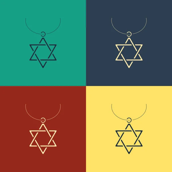 Színes csillag Dávid nyaklánc a lánc ikon izolált színes háttér. Zsidó vallás szimbóluma. Izrael jelképe. Ékszer és kiegészítők. Vintage stílusú rajz. Vektoros illusztráció — Stock Vector