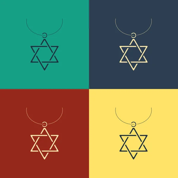 Collier Color Star of David sur icône chaîne isolé sur fond de couleur. Symbole de religion juive. Symbole d'Israël. Bijoux et accessoires. Dessin style vintage. Illustration vectorielle — Image vectorielle