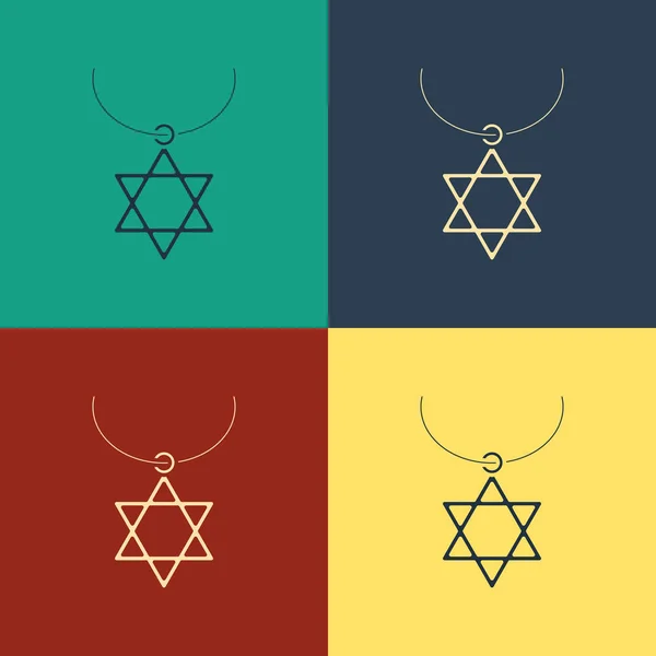 Colar Color Star of David no ícone da cadeia isolado no fundo da cor. Símbolo religioso judeu. Símbolo de Israel. Jóias e acessórios. Desenho de estilo vintage. Ilustração vetorial —  Vetores de Stock