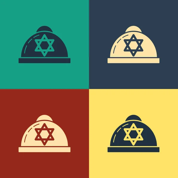 Couleur kippah juif avec étoile de l'icône David isolé sur fond de couleur. Chapeau yarmulke juif. Dessin style vintage. Illustration vectorielle — Image vectorielle