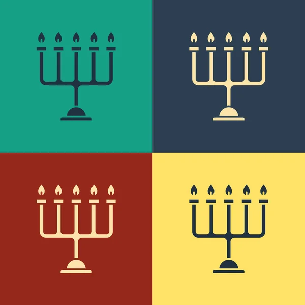 Color Hanukkah menorah icon isolated on color background. Hanukkah traditional symbol. Holiday religion, jewish festival of Lights. Vintage style drawing. Vector Illustration — Stock Vector