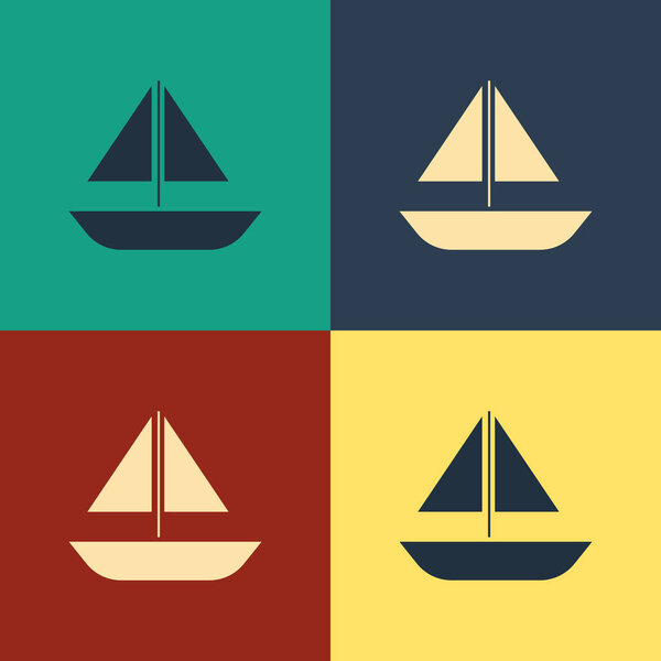 Color Yacht sailboat or sailing ship icon isolated on color background. Sail boat marine cruise travel. Vintage style drawing. Vector Illustration
