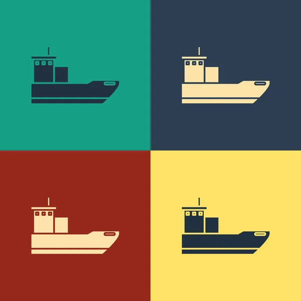 Color Icono de la nave de carga aislado sobre fondo de color. Dibujo de estilo vintage. Ilustración vectorial — Archivo Imágenes Vectoriales