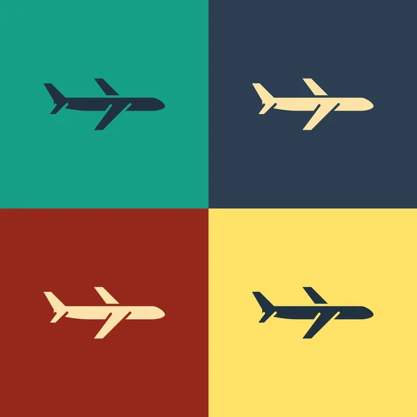 Color Plane icon isolated on color background. Flying airplane icon. Airliner sign. Vintage style drawing. Vector Illustration — Stock Vector