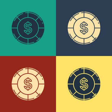 Renk arka planda izole dolar sembolü simgesi ile Renk Casino çip. Kumarhane kumarı. Vintage tarzı çizim. Vektör İllüstrasyonu