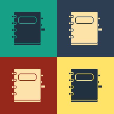 Renkli Not Defteri simgesi renk arka planda yalıtılmış. Spiral not defteri simgesi. Okul defteri. Yazı defteri. Okul günlüğü. Vintage tarzı çizim. Vektör İllüstrasyonu