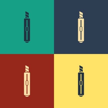 Renk Kırtasiye bıçak simgesi renk arka planda izole. Ofis kağıt kesici. Vintage tarzı çizim. Vektör İllüstrasyonu