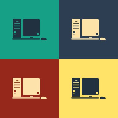 Renkli arka planda yalıtılmış klavye ve fare simgesi olan Renkli Bilgisayar monitörü. Pc bileşen işareti. Vintage tarzı çizim. Vektör İllüstrasyonu