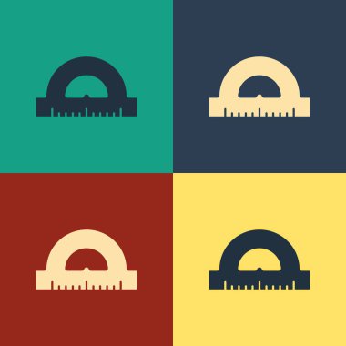 Renk arka planda yalıtılmış derece simgesini ölçmek için renk Protractor ızgarası. Eğim açısı ölçer. Ölçüm aleti. Geometrik sembol. Vintage tarzı çizim. Vektör İllüstrasyonu