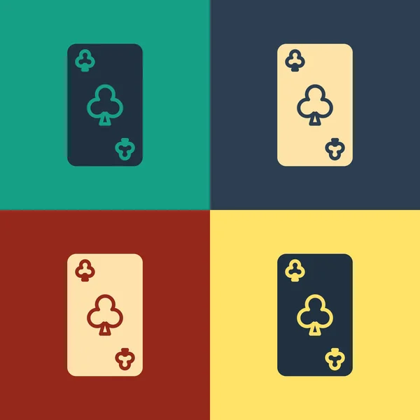 Kolorowa karta do gry z ikonami symboli na kolorowym tle. Kasyno hazardu. Styl Vintage rysunek. Ilustracja wektorowa — Wektor stockowy