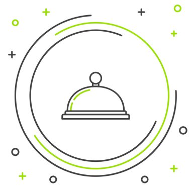 Siyah ve yeşil çizgi beyaz arka plan üzerinde izole gıda simgesi bir tepsi ile kaplı. Tepsi ve kapak işareti. Kapaklı restoran cloche. Mutfak gereçleri sembolü. Renkli anahat konsepti. Vektör İllüstrasyonu