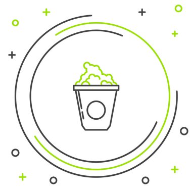 Siyah ve yeşil çizgi Popcorn karton kutu simgesi beyaz arka plan üzerinde izole. Patlamış mısır kova kutusu. Renkli anahat konsepti. Vektör İllüstrasyonu