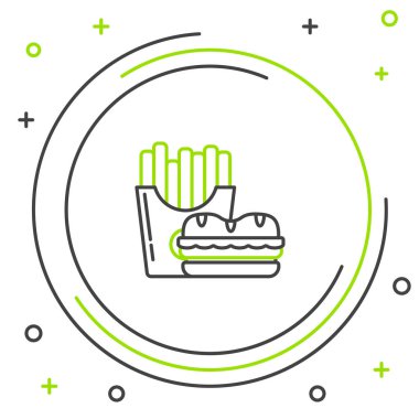 Siyah ve yeşil çizgi Burger ve karton paket kutusu simgesi beyaz arka plan üzerinde izole patates kızartması. Hamburger, çizburgerli sandviç. Fast food menüsü. Renkli anahat konsepti. Vektör İllüstrasyonu