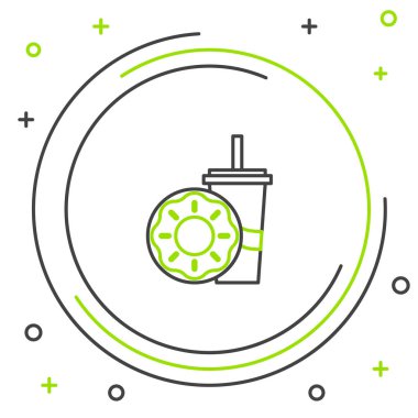 Siyah ve yeşil çizgi Beyaz arka plan üzerinde izole içme saman ve donut simgesi ile Kağıt cam. Soda su içecek işareti. Fast food menüsü. Renkli anahat konsepti. Vektör İllüstrasyonu