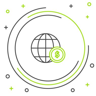 Siyah ve yeşil çizgi Dünya küre dolar sembolü simgesi beyaz arka plan üzerinde izole ile. Dünya veya Dünya işareti. Küresel internet sembolü. Geometrik şekiller. Renkli anahat konsepti. Vektör İllüstrasyonu