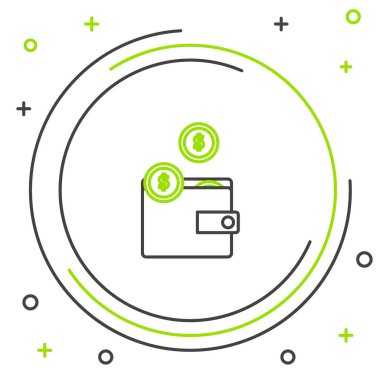 Siyah ve yeşil çizgi Cüzdan beyaz arka plan üzerinde izole sikke simgesi ile. Çanta simgesi. Nakit tasarruf sembolü. Renkli anahat konsepti. Vektör İllüstrasyonu