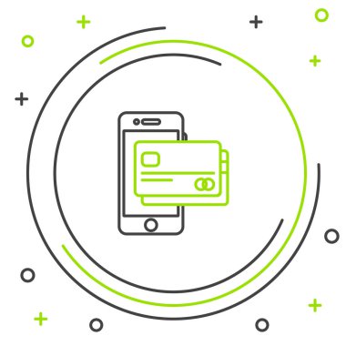 Siyah ve yeşil çizgi Cep telefonu ve kredi kartı simgesi beyaz arka plan üzerinde izole. Smartphone online ödeme konsepti. Nfc ödeme. Transfer simgesi. Renkli anahat konsepti. Vektör İllüstrasyonu