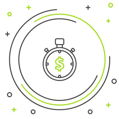 Siyah ve yeşil çizgi Zaman beyaz arka plan üzerinde izole para simgesidir. Para zamanıdır. Etkili zaman yönetimi. Zamanı paraya dönüştürün. Kronometre işareti. Renkli anahat konsepti. Vektör İllüstrasyonu