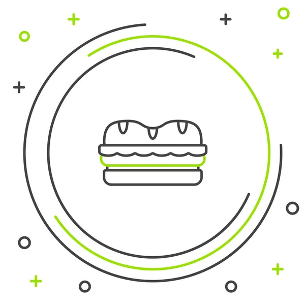 Línea negra y verde Icono sándwich aislado sobre fondo blanco. Icono de hamburguesa. Símbolo de comida hamburguesa. Signo de hamburguesa con queso. Menú de comida rápida. Concepto de esquema colorido. Ilustración vectorial — Archivo Imágenes Vectoriales