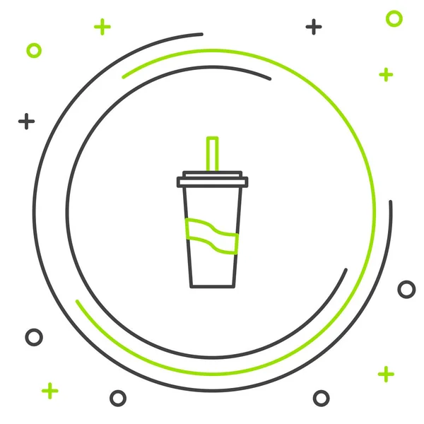 Línea negra y verde Vidrio de papel con paja para beber e icono de agua aislado sobre fondo blanco. Un vaso de refresco. Símbolo de bebida fría fresca. Concepto de esquema colorido. Ilustración vectorial — Vector de stock