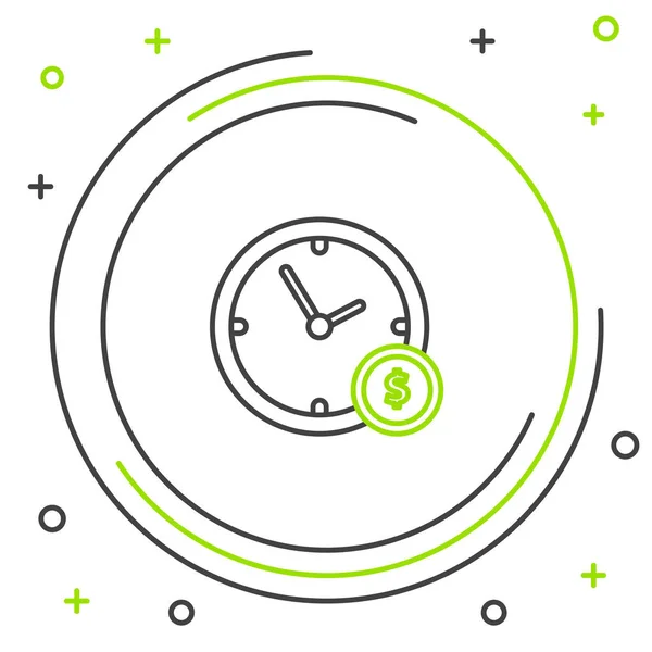 Siyah ve yeşil çizgi Zaman beyaz arka plan üzerinde izole para simgesidir. Para zamanıdır. Etkili zaman yönetimi. Zamanı paraya dönüştürün. Renkli anahat konsepti. Vektör İllüstrasyonu