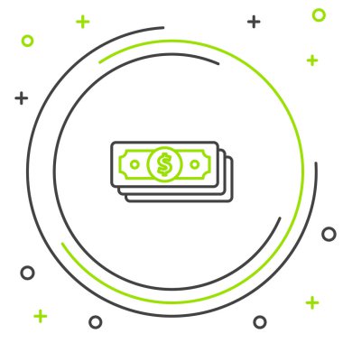 Siyah ve yeşil çizgi Beyaz arka plan üzerinde izole kağıt para nakit simgesi yığınları. Para banknotları yığınları. Fatura para birimi. Renkli anahat konsepti. Vektör İllüstrasyonu