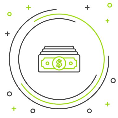 Siyah ve yeşil çizgi Beyaz arka plan üzerinde izole kağıt para nakit simgesi yığınları. Para banknotları yığınları. Fatura para birimi. Renkli anahat konsepti. Vektör İllüstrasyonu