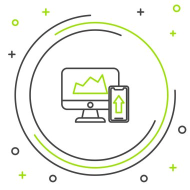 Siyah ve yeşil çizgi Bilgisayar monitöründeki mali grafik veya grafik ve beyaz arka plandaki cep telefonu simgesi. Strateji, planlama, veri, yatırım. Renkli anahat konsepti. Vektör İllüstrasyonu