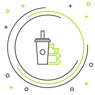 Siyah ve yeşil çizgi Amerikan Futbolu bilet ve beyaz arka plan üzerinde izole içme saman simgesi ile kağıt cam soda. Renkli anahat konsepti. Vektör İllüstrasyonu