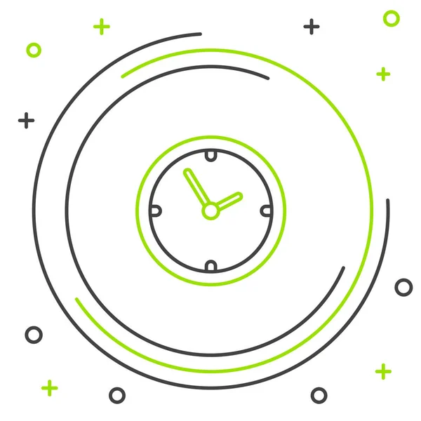 黒と緑の線時計アイコンは、白い背景に分離されています。時間記号。カラフルなアウトラインコンセプト。ベクトルイラストレーション — ストックベクタ