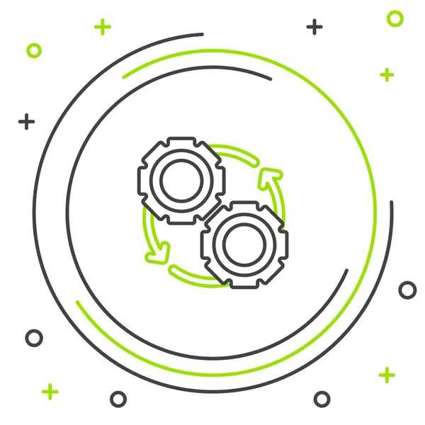 Linea nera e verde Ingranaggio e frecce come icona del concetto di processo del flusso di lavoro isolato su sfondo bianco. Segnale di ricarica dell'ingranaggio. Concetto di contorno colorato. Illustrazione vettoriale — Vettoriale Stock