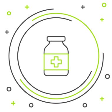 Siyah ve yeşil çizgi Tıp şişe simgesi beyaz arka plan üzerinde izole. Şişe hapı işareti. Eczane tasarımı. Renkli anahat konsepti. Vektör İllüstrasyonu