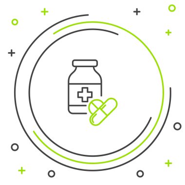 Siyah ve yeşil çizgi Tıp şişe ve hap simgesi beyaz arka plan üzerinde izole. Şişe hapı işareti. Eczane tasarımı. Renkli anahat konsepti. Vektör İllüstrasyonu