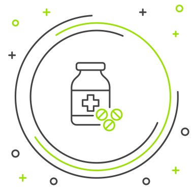 Siyah ve yeşil çizgi Tıp şişe ve hap simgesi beyaz arka plan üzerinde izole. Şişe hapı işareti. Eczane tasarımı. Renkli anahat konsepti. Vektör İllüstrasyonu