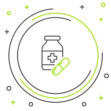 Siyah ve yeşil çizgi Tıp şişe ve hap simgesi beyaz arka plan üzerinde izole. Şişe hapı işareti. Eczane tasarımı. Renkli anahat konsepti. Vektör İllüstrasyonu