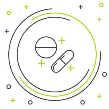 Siyah ve yeşil çizgi Tıp hap veya tablet simgesi beyaz arka plan üzerinde izole. Kapsül hapı ve ilaç işareti. Eczane tasarımı. Renkli anahat konsepti. Vektör İllüstrasyonu