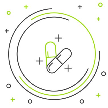 Siyah ve yeşil çizgi Tıp hap veya tablet simgesi beyaz arka plan üzerinde izole. Kapsül hapı ve ilaç işareti. Eczane tasarımı. Renkli anahat konsepti. Vektör İllüstrasyonu
