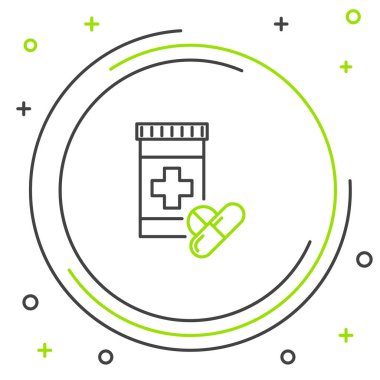 Siyah ve yeşil çizgi Tıp şişe ve hap simgesi beyaz arka plan üzerinde izole. Şişe hapı işareti. Eczane tasarımı. Renkli anahat konsepti. Vektör İllüstrasyonu