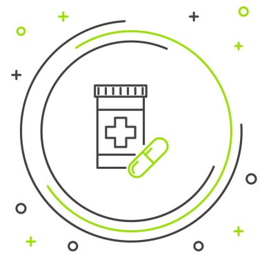 Siyah ve yeşil çizgi Tıp şişe ve hap simgesi beyaz arka plan üzerinde izole. Şişe hapı işareti. Eczane tasarımı. Renkli anahat konsepti. Vektör İllüstrasyonu