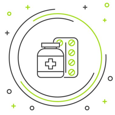 Siyah ve yeşil çizgi Tıp şişe ve hap simgesi beyaz arka plan üzerinde izole. Şişe hapı işareti. Eczane tasarımı. Renkli anahat konsepti. Vektör İllüstrasyonu