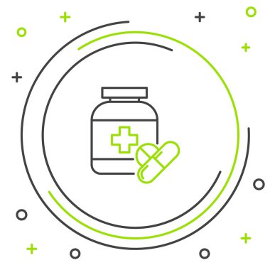 Siyah ve yeşil çizgi Tıp şişe ve hap simgesi beyaz arka plan üzerinde izole. Şişe hapı işareti. Eczane tasarımı. Renkli anahat konsepti. Vektör İllüstrasyonu