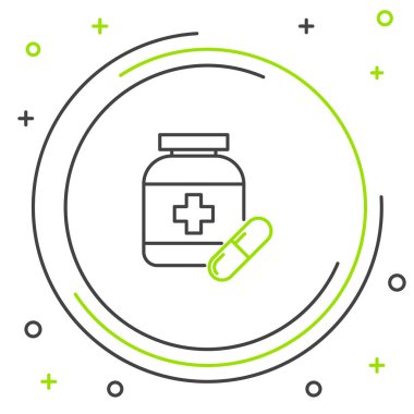 Siyah ve yeşil çizgi Tıp şişe ve hap simgesi beyaz arka plan üzerinde izole. Şişe hapı işareti. Eczane tasarımı. Renkli anahat konsepti. Vektör İllüstrasyonu