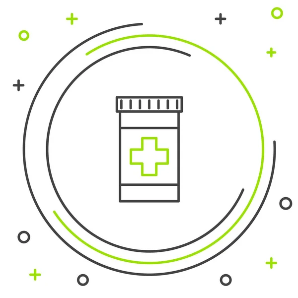 黑色和绿色线药物瓶图标隔离在白色背景上。瓶丸标志。药房设计。五颜六色的轮廓概念。矢量插图 — 图库矢量图片