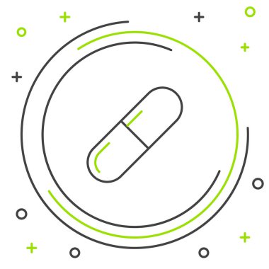 Siyah ve yeşil çizgi Tıp hap veya tablet simgesi beyaz arka plan üzerinde izole. Kapsül hapı ve ilaç işareti. Eczane tasarımı. Renkli anahat konsepti. Vektör İllüstrasyonu