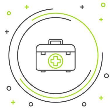 Siyah ve yeşil çizgi Beyaz arka plan üzerinde izole İlk yardım kiti simgesi. Haçlı tıbbi kutu. Acil durum için tıbbi ekipman. Sağlık konsepti. Renkli anahat konsepti. Vektör İllüstrasyonu