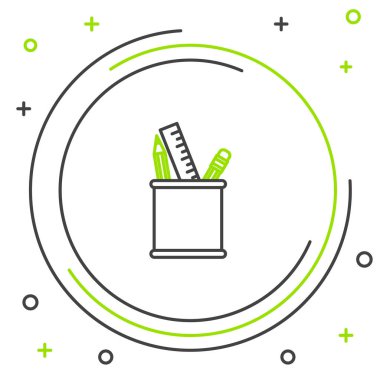 Siyah ve yeşil çizgi Kalem kasa kırtasiye simgesi beyaz arka plan üzerinde izole. Kalem, kalem, ofis için bir bardak cetvel. Renkli anahat konsepti. Vektör İllüstrasyonu