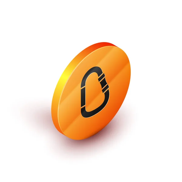 Isometrisches Karabinersymbol isoliert auf weißem Hintergrund. Extremsport. Sportgeräte. orange Kreis-Taste. Vektorillustration — Stockvektor