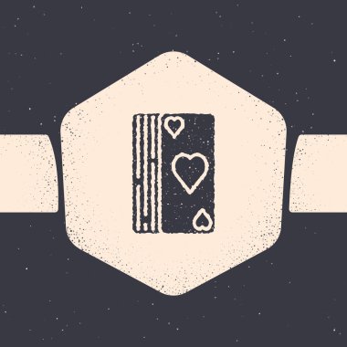 Gri arka planda izole edilmiş iskambil kartları simgesigGrunge Deck. Kumarhane kumarı. Tek renkli vintage çizim. Vektör İllüstrasyonu